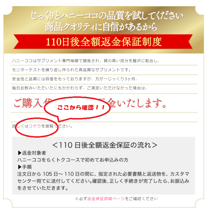 ハニーココ返金の確認ページ